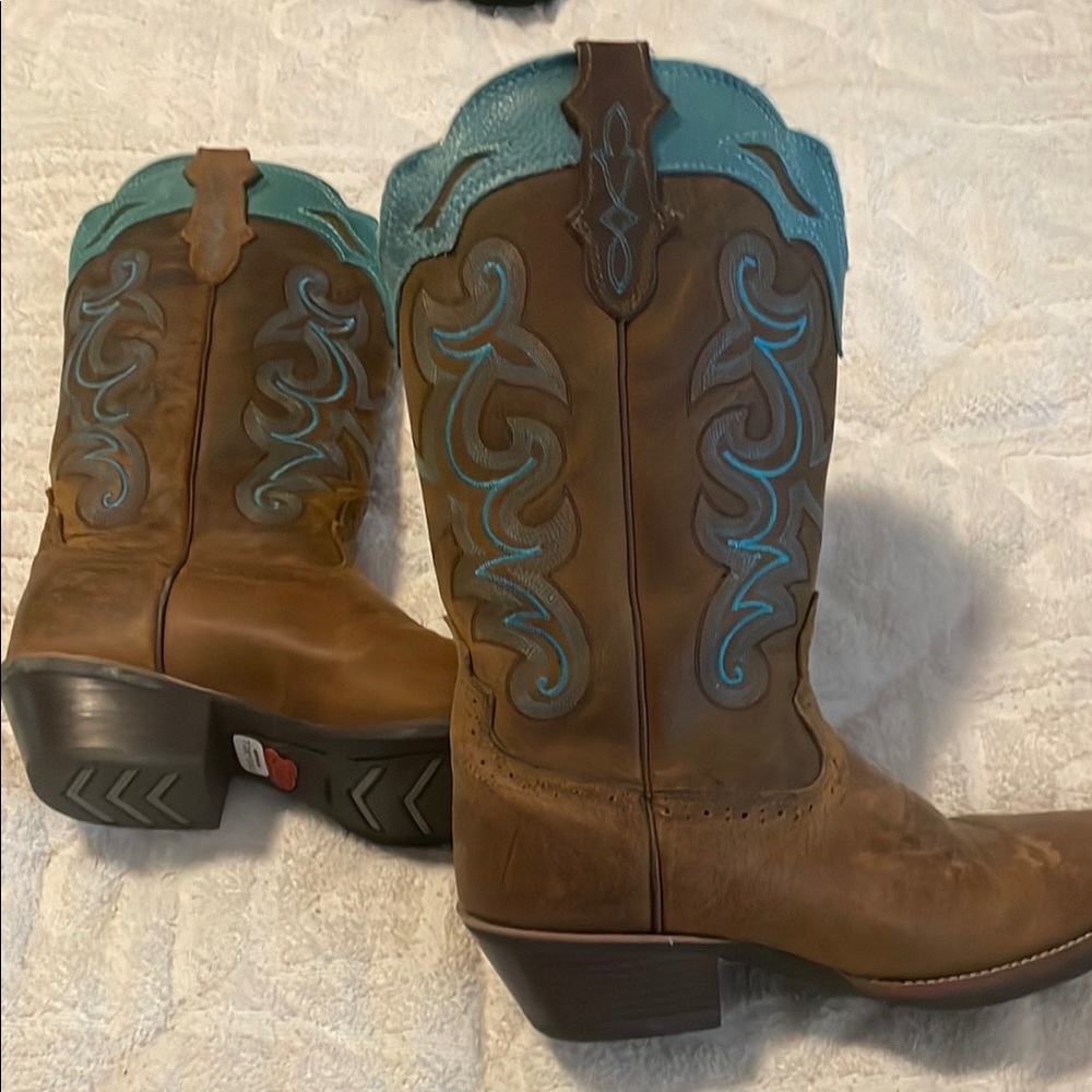 Brown Leather Womens Cowboy Boots with Turquoise Stitching
